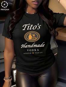 Payeah Tito's Handmade Vodka Digital Print Women's T-Shirt, 100% Cotton Short Sleeve 220g, Funny Drinking Tee, Bar Gift, Spirits Brand Top, Free Shipping - 黑色 - 查看 1