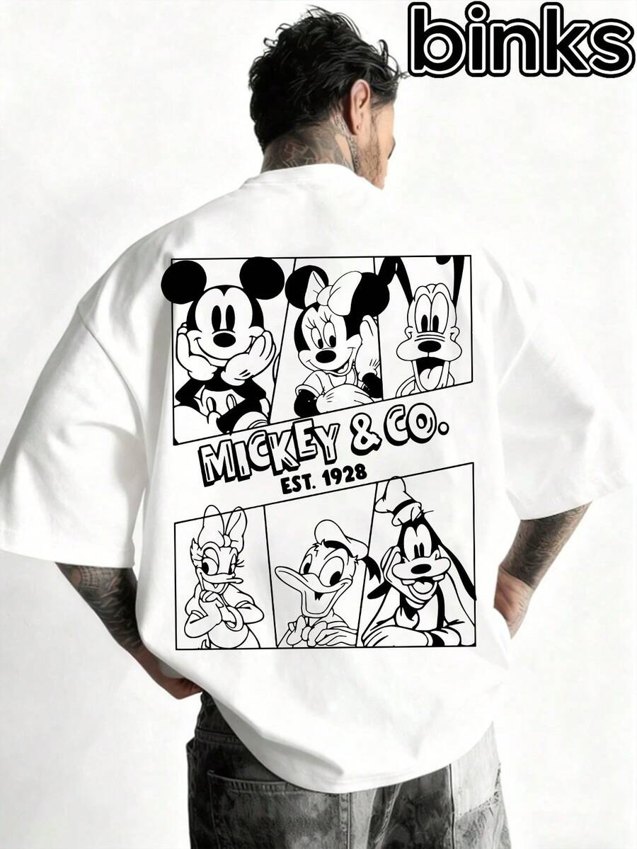Disney Mickey Mouse Black And White Comic Pattern Print, Cartoon Elements Fashion Loose Short Sleeve Street Style T-Shirt, Spring/Summer Fashion Versatile Top - 白色 - 查看 1