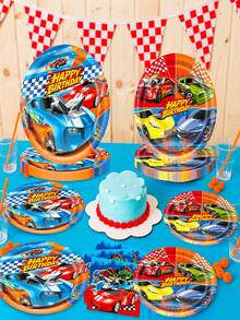 Juego de 10 piezas/Set de decoraciones para fiesta de cumpleaños con tema de autos, juego de vajilla desechable con patrón de autos de carreras que incluye platos, vasos, servilletas, adecuado para fiestas de cumpleaños con tema de carreras para niños - A - Ver 4