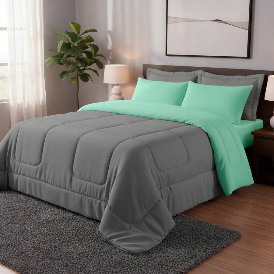 BEDDING SET TENDERNESS KIT DOUBLE QUEEN DOUBLE SIDED COMFORTER WITH 03 PIECES PROMOTION! - Tifany Blue With Gray - View 1