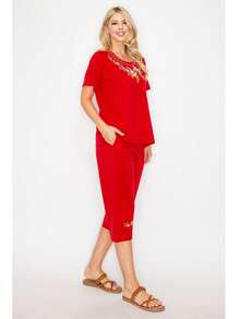 Women Short Sleeves Embroidered Cotton Blend Lounge Wear  Sets - 新紅 - 查看 4