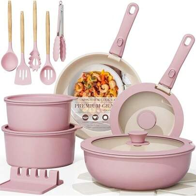21-Piece Pink Non-Stick Ceramic Cookware Set With Detachable Handles – Stackable, Oven Comfortable, And Induction-Ready RV Kitchen Collection