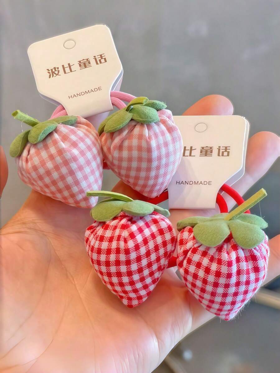 2个装 女孩甜美可爱格子草莓弹力发圈，马尾辫发圈 - 彩色 - 查看 1