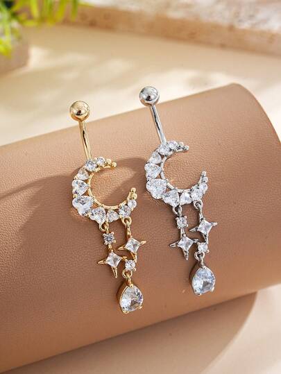 1pc Copper Zirconia Star & Moon Waterdrop Navel Piercing Jewelry, Stainless Steel Bar, Suitable For Daily Wear By Men And Women