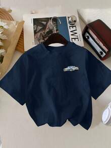 男童休闲日常赛车图案印花圆领T恤 - 藏蓝色 - 查看 2