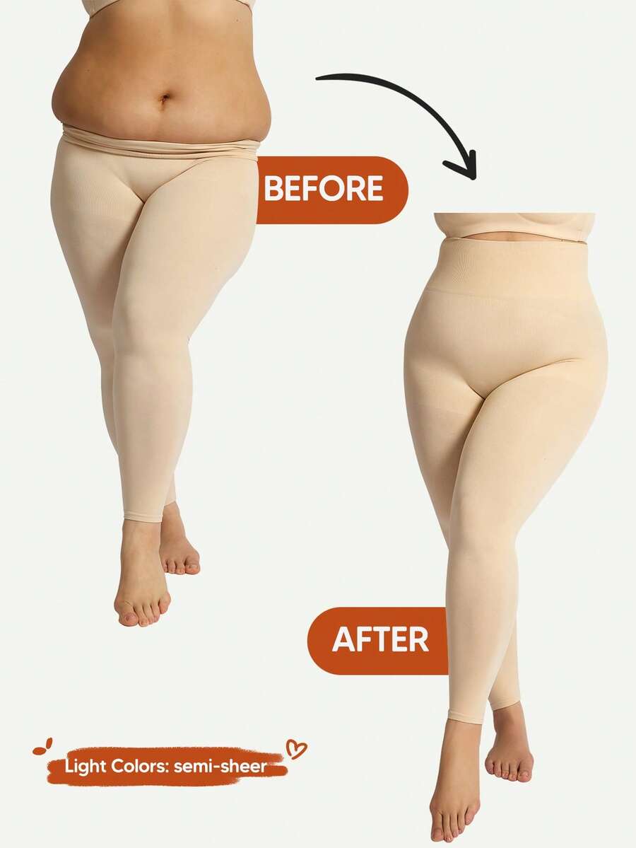 Plus Size Women High Waisted Soft Tummy Control Shaping Leggings Casual Spring - Apricot - View 1