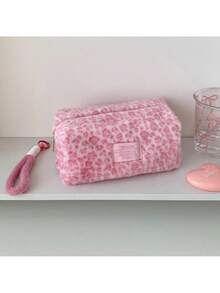 1 PC Girl Leopard Pattern Plush Handheld Makeup Bag, Student Handheld Bag, Portable Skincare Products, Toiletry And Storage Bag - Multicolor - View 15