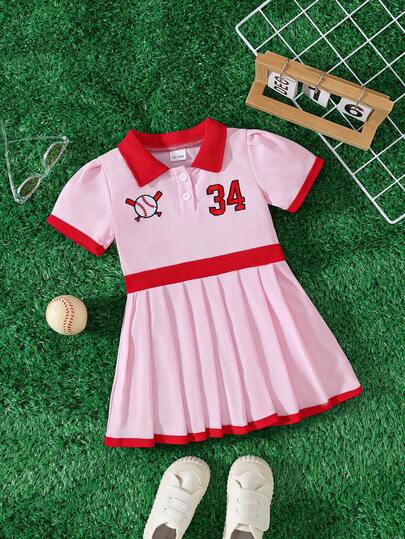 Baby Girls' Sweet Collegiate Style Baseball Number Embroidery Polo Collar Short Sleeve Waisted Pleated Dress, Suitable For Summer Playtime And Casual Outings