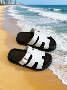 6-15 Jahre Jungen & Mädchen Sandalen, 1 Paar, Kinderstil, weiße Schnallen-Dekoration mit Buchstaben-Design, bequem & atmungsaktiv, offene Zehenpartie, dicke Sohle, flacher Absatz, lässiger Stil, Kinder Sandalen Pantoffeln, geeignet für den täglichen Gebrauch, Outdoor-Spiele, Strand / Sommer universell (Größe fällt klein aus, Empfehlung eine Nummer größer wählen) - Weiss - Übersicht 2