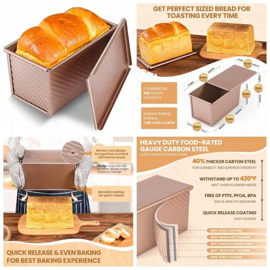Pullman Loaf Pan With Lid Nonstick Bread Toast Box For Homemade Sandwich Baking Heavy Duty Carbon Steel Corrugated Bakeware - 1 - 查看 1