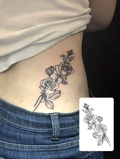 1pc Fashionable Waterproof Vintage Rose Floral Temporary Tattoo, Black & White Line Art Design, Suitable For Waist, Abdomen, Arm, Durable, Ideal For Photo Shoot