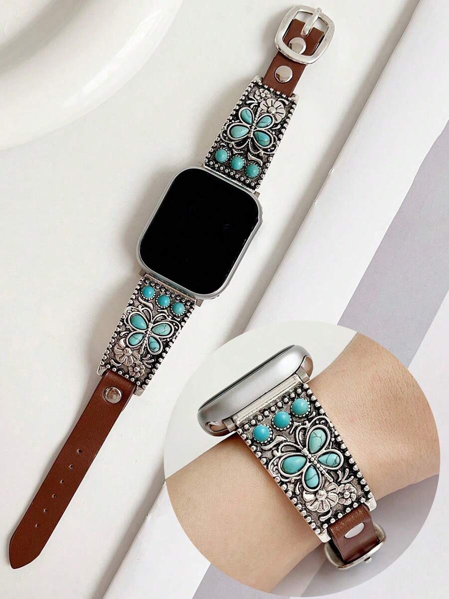 1件復古蝴蝶綠松石PU皮革金屬錶帶,適用於Apple Watch Ultra 2 SE 10 9 8 7 6 5 4 3 2 1系列,銀色花卉手鍊錶帶,兼容38mm 40mm 41mm 42mm 44mm 45mm 46mm 49mm - 藏蓝色 - 查看 1