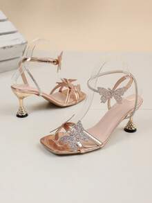 Luxury Rose Gold Metal Square Toe High Heel Sandals, Butterfly Crystal Ankle Strap, Suitable For Teenagers - Gold - View 10