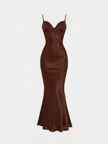 Brown Knit Satin Shiny Elastic Camisole Dress, Bodycon Mini Dress Suitable For Dates, Sexy Outfits, Outings, Women Long Dress, Summer, Graduation, Prom, Birthday - Brown - View 1