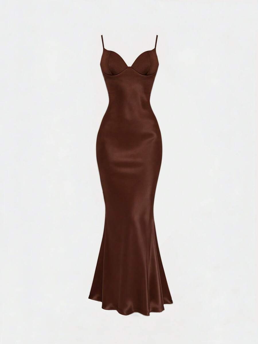 Brown Knit Satin Shiny Elastic Camisole Dress, Bodycon Mini Dress Suitable For Dates, Sexy Outfits, Outings, Women Long Dress, Summer, Graduation, Prom, Birthday - Brown - View 1