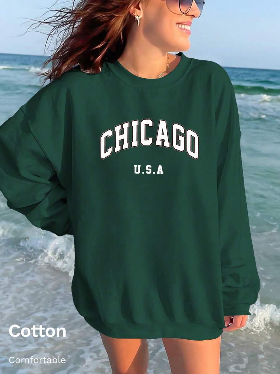Women's Round Neck Loose Sweatshirt, Autumn/Winter Top, Women's Sweatshirt, Women's Sportswear, Winter Women's Clothing - Dark Green - View 1