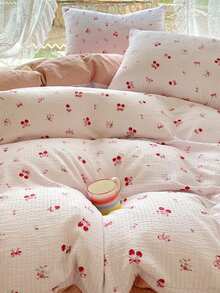 2/3pcs Small Red Cherry Dye Fresh Cute Craft Super Soft Dorm Decor, Sweet Cute Washed Duvet Cover & Pillowcase Set, Spring/Summer Double/Queen/King - Coral Pink - View 2