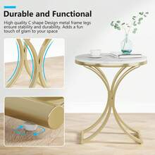 LITTLE TREE Round End Table With Gold Metal Legs,23.6-Inch Modern Faux Marble Side Table, Small Nightstand,Small Coffee Table For Living Room Bedroom Small Space, White Gold - 白色和金色 - 查看 8