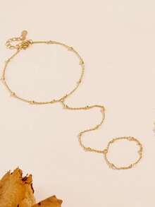 1件S925纯银串珠链戒指，轻盈奢华INS风卫星链手链，女士饰品 - 金色 - 查看 2