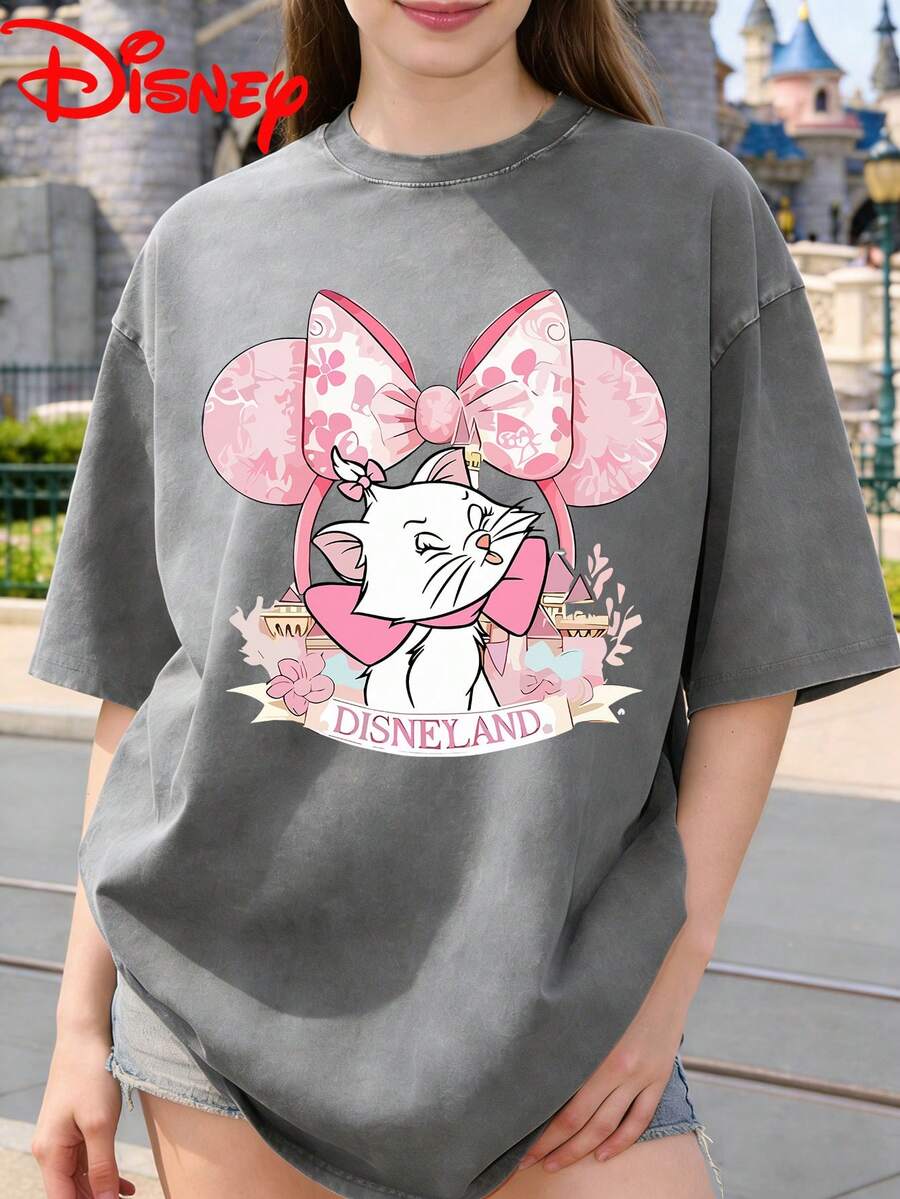 Disney Mary Print Pattern, Summer Washed Short Sleeved Solid Color Small Round Neck Retro Versatile Outfit - Grey - View 1