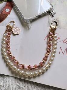 Coco Style Double Layer Pearl Chain Phone Case, Detachable Pink Wrist Strap For IPhone 17Pro ,Sam S25 - Pink - View 3