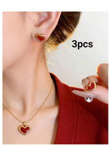 Retro Red Heart Stud Earrings + Necklace, A Gentle And Versatile Jewelry Set That Suits Office Wear And Makes The Complexion Look Fairer, Exuding A Refined And Elegant Style. - Necklace - View 5