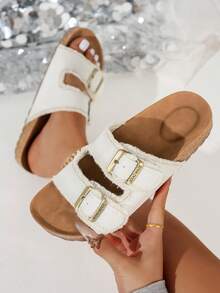 Fashionable Versatile Comfortable Retro Thick Sole Round Toe Platform Casual Outdoor Open Toe Strap Roman Beach Mule Sandals,Spring Summer Outfits - White - View 3