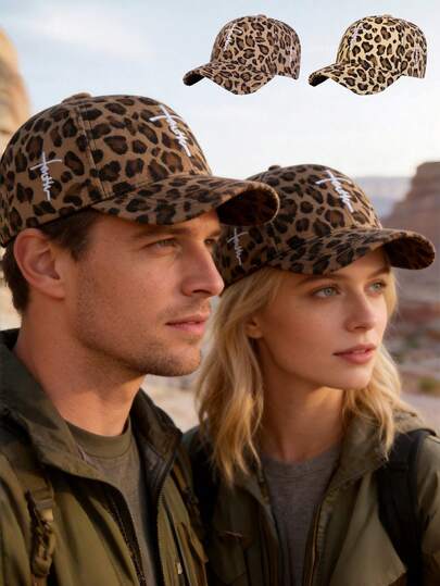 1pc Embroidered Leopard Print Baseball Cap, Unisex Cross Letter Casual Flat Cap, Windproof Hat, Suitable As A Holiday Gift For Men, A Gift For Women, Couple's Gift, Family Gift, For Daily Outings, Outdoor Hiking, And Travel Sun Protection.