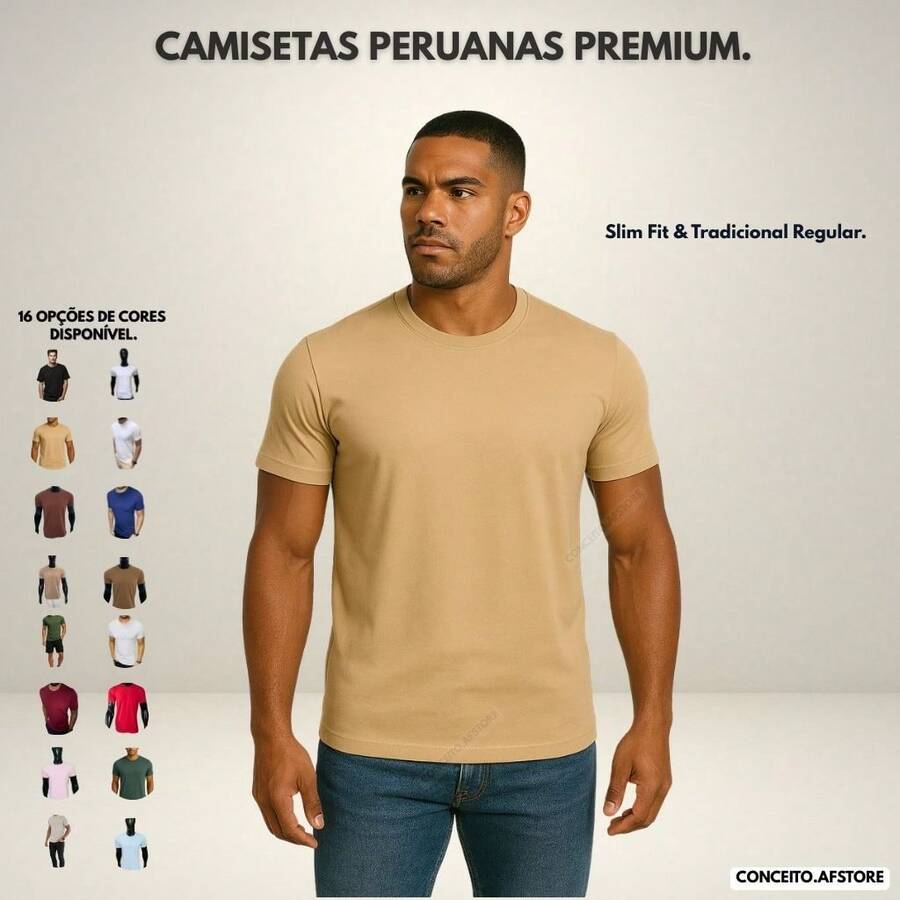 Premium Basic T-Shirts Made Of Peruvian Fabric With Smooth Elastane, Slim Fit And Traditional Design. - 米色 - 查看 1