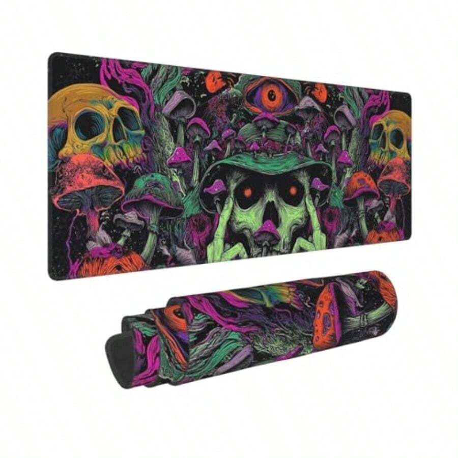 Alfombrilla de mouse de seta de calavera extendida para juegos con bordes cosidos XL para gamer oficina en casa 31.5 x 11.8 pulgadas - Hongo crneo - Ver 1