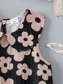 2pcs/Set Young Girls' Summer Casual Dress, Floral Print Collar Sleeveless + Solid Color, Minimalist Fashion Comfortable Girls Dress, Suitable For Vacation, Daily Wear, Outdoor, Beach - Multicolor - View 4