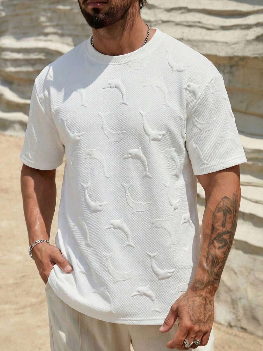男士休闲圆领T恤，男士夏季海豚图案提花短袖T恤 - 白色 - 查看 1