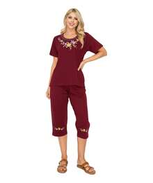 Women Short Sleeves Embroidered Cotton Blend Lounge Wear  Sets - D.Red - View 2