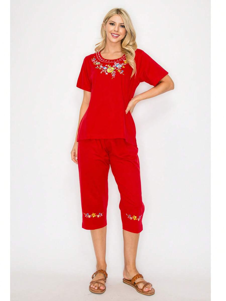 Women Short Sleeves Embroidered Cotton Blend Lounge Wear Sets - 新紅 - 查看 1