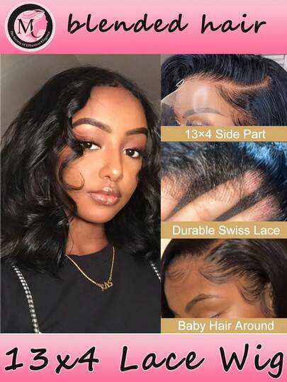 Blended Hair Is Made From Human Hair Mixed With Synthetic Fibers And Protein Filaments Short Body Wave Wig Glueless Short Wavy Bob Wigs 13x4 Frontal Lace Side Part Loose Wave Wigs For Women Shoulder Length Curly Synthetic Wig Lace Part Hair 180% Density