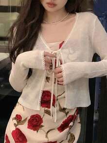 轻薄休闲开衫毛衣，甜美风格，长袖外套，女士春夏款 - 杏色 - 查看 5