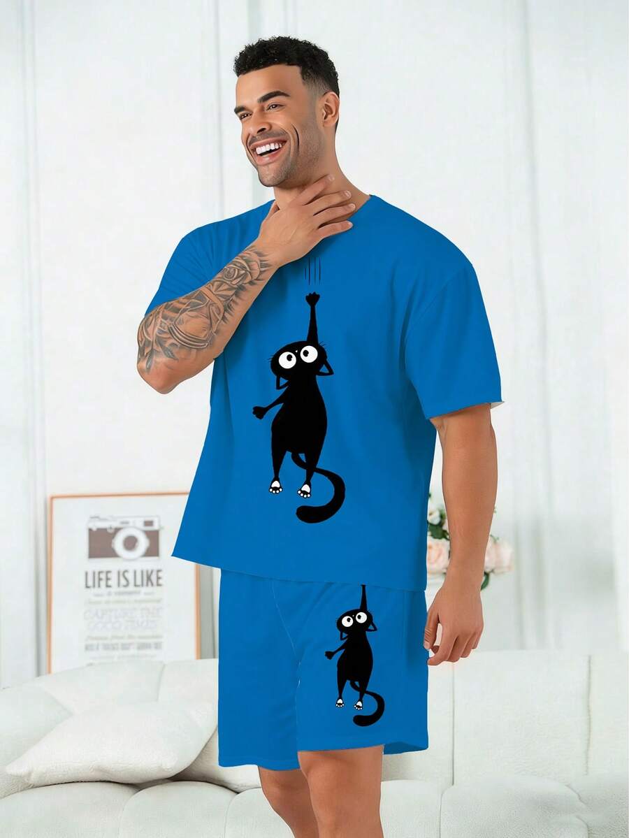 Plus Size Men's Pajama Set | Round Neck Short Sleeve Top And Elastic Waist Casual Shorts 2 Pieces Set | Polyester Knit Fabric Soft And Breathable Loose Fit | Cute Climbing Cat Pattern Print Casual Design - Royal Blue - View 1