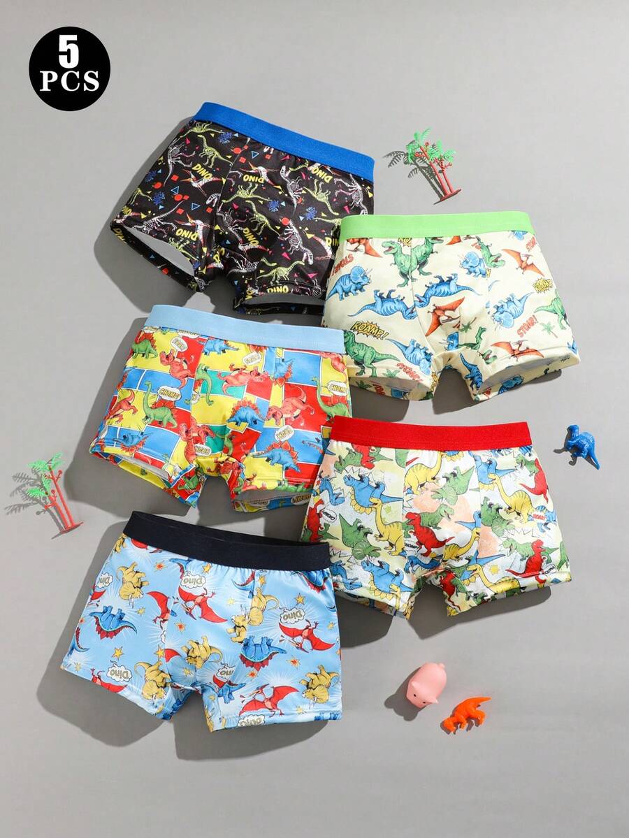 5条装 男童及青少年卡通恐龙印花弹力舒适平角内裤 - 彩色 - 查看 1