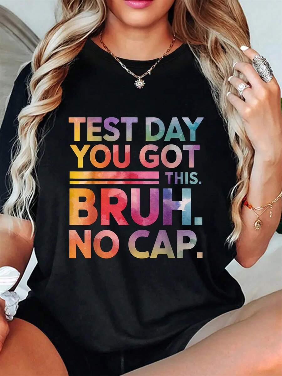 Camiseta de graduación para el día del examen, para el profesor. ¡Es el día del examen! Divertida camiseta de verano, manga corta, cuello redondo, informal, para verano y primavera, ropa de mujer. - Negro - Ver 1