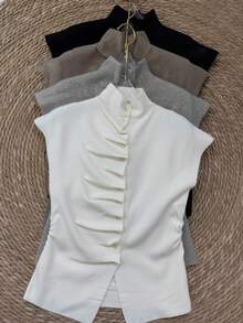 女士时尚优雅休闲/办公通勤高领灰色褶皱纽扣修身无袖针织上衣，春夏款 - 灰色 - 查看 4