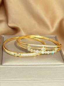 Bộ trang sức hình trái tim bằng thép không gỉ mạ vàng 18K dành cho nữ, vòng tay vàng, vòng tay nhiều lớp sáng bóng kiểu Ins, quà tặng cho mẹ, Giáng sinh, Lễ Tạ ơn, Halloween, trang sức cưới, kỷ niệm, quà tặng Ngày Valentine, phong cách Boho cho các bữa tiệc hàng ngày - Nhiều màu - Xem 2