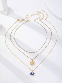 3件套金色贝壳叠层项链套装，女士绿色绿松石珠链颈链，配星星吊坠，海洋主题波西米亚风沙滩装配饰 - 彩色 - 查看 2