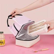 1pc Large-Capacity Double-Layer Insulated Bag, Portable Lunch Bag, Easy-To-Clean Food Bag, Stylish Color-Blocked Design Insulated Bag, Suitable For Students, Office Workers, Back-To-School, Picnics, Camping, And Other Occasions, Non-Food Contact - 粉色 - 查看 9