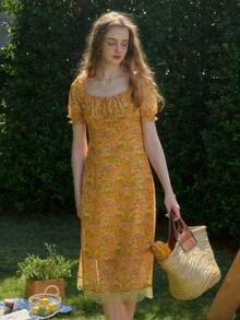 Vestido de cuello cuadrado con estampado floral diminuto de estilo casual de vacaciones - Naranja - Ver 7