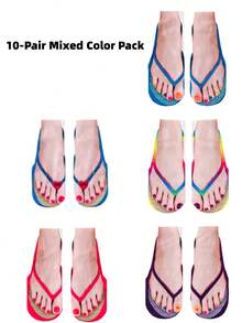 1/8/10双装3D人字拖袜，趣味新奇男女通用短袜，女士长筒袜 - 彩色 - 查看 6