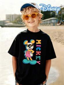 1pc Disney Mickey Mouse Vibrant Pop-Art Print Tween Boys Cool T-Shirt, Soft & Breathable, Ideal For Daily Wear & Outdoor Activities - Black - View 1