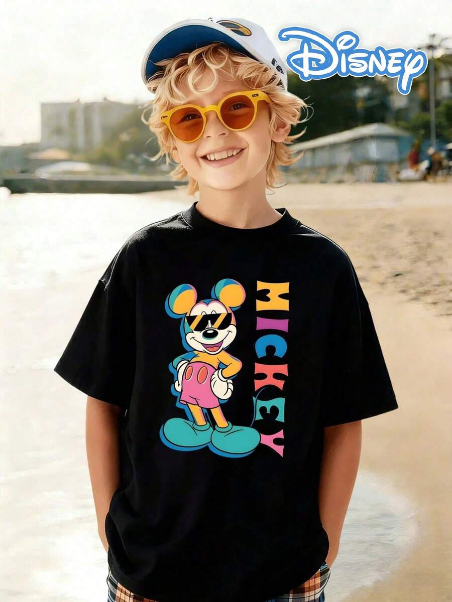 1pc Disney Mickey Mouse Vibrant Pop-Art Print Tween Boys Cool T-Shirt, Soft & Breathable, Ideal For Daily Wear & Outdoor Activities - Black - View 1