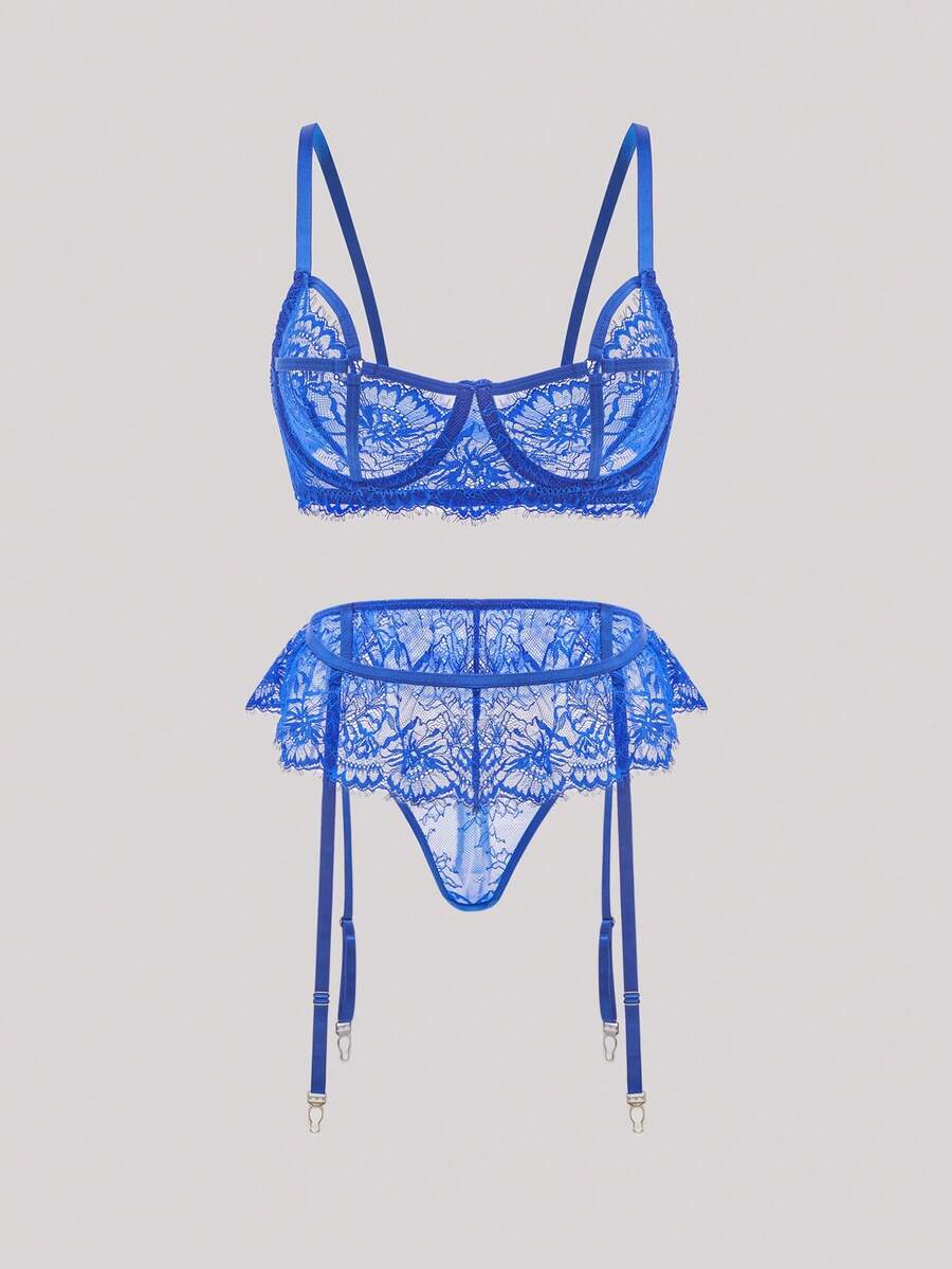 Hourtrue 3pcs/Set Women's Sexy Navy Blue Lace Underwear Set, Elegant French Style Supportive & Breathable Lingerie - Blue - View 1