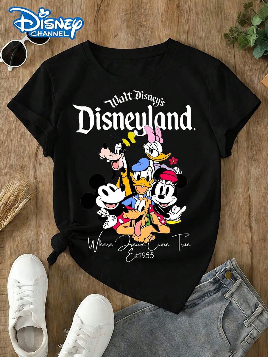 This -Licensed Women's Summer Cotton T-Shirt Is A  2026 Travel Souvenir. The Front Features Classic  Characters And Disneyland Logos, Perfect For Taking Photos At Disneyland, As A Travel Souvenir, For Everyday Casual Wear, Or For Matching Family Outfits. It Also Makes An Ideal Valentine's Day Gift For Friends And Family. Men's And Women's Clothing, New Spring Style, Comfortable And Skin-Friendly, Suitable For Outdoor Wear. - Black - View 1