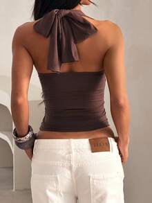 WOWDARK 女士夏季上衣，棕色时尚性感褶皱镂空露背休闲衬衫，适合情人节、约会、聚会、派对、旅行、度假、海滩等场合。 - 棕色 - 查看 8